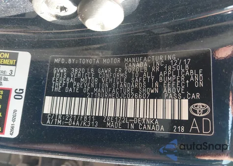 2018 Toyota Corolla Le из США, поврежденный, VIN 2T1BURHE0JC026607